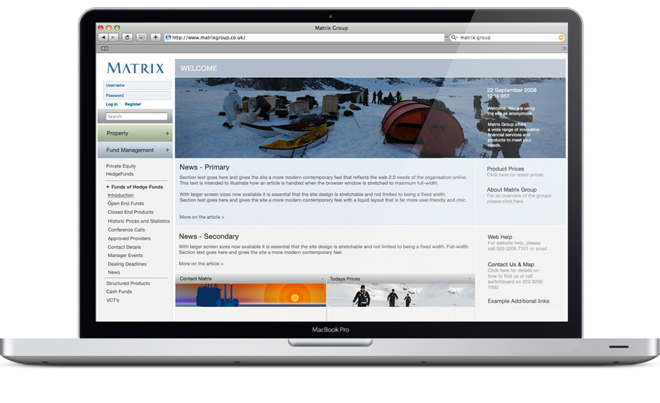Matrix Investments financial website design and user experience