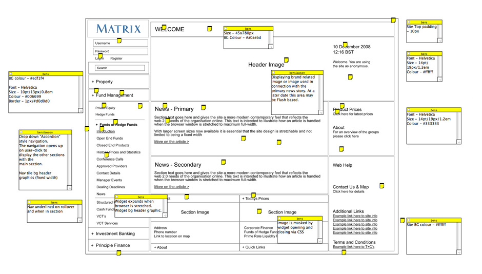 Matrix website homepage wireframe with development markup notes