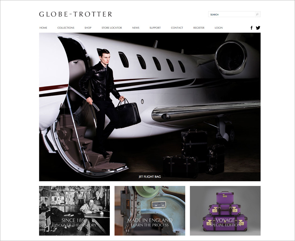 Globe-Trotter website with homepage gallery slider and social media